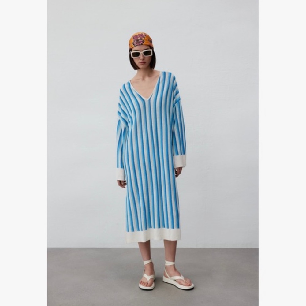 Women’s Blue and White Striped Linen Zara V-Neck Tunic Dress